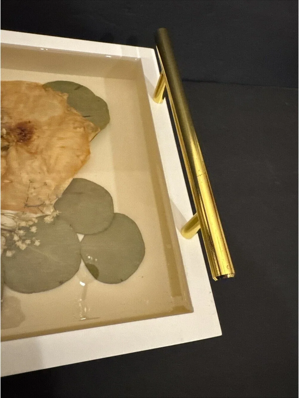 Vtg Wooden Serving Tray W Gold Metal Handles Dried Flowers In Lucite 11.75” L